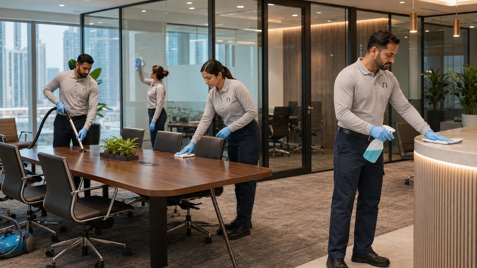 Best in Class crew deep cleaning a corporate boardroom and reception in Dubai
