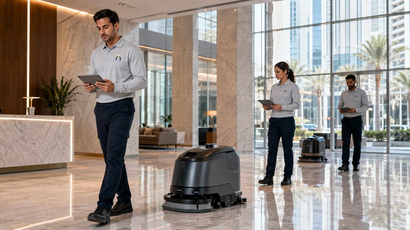 Best in Class staff supervising autonomous floor-scrubbing robots in a marble lobby, Dubai skyline visible