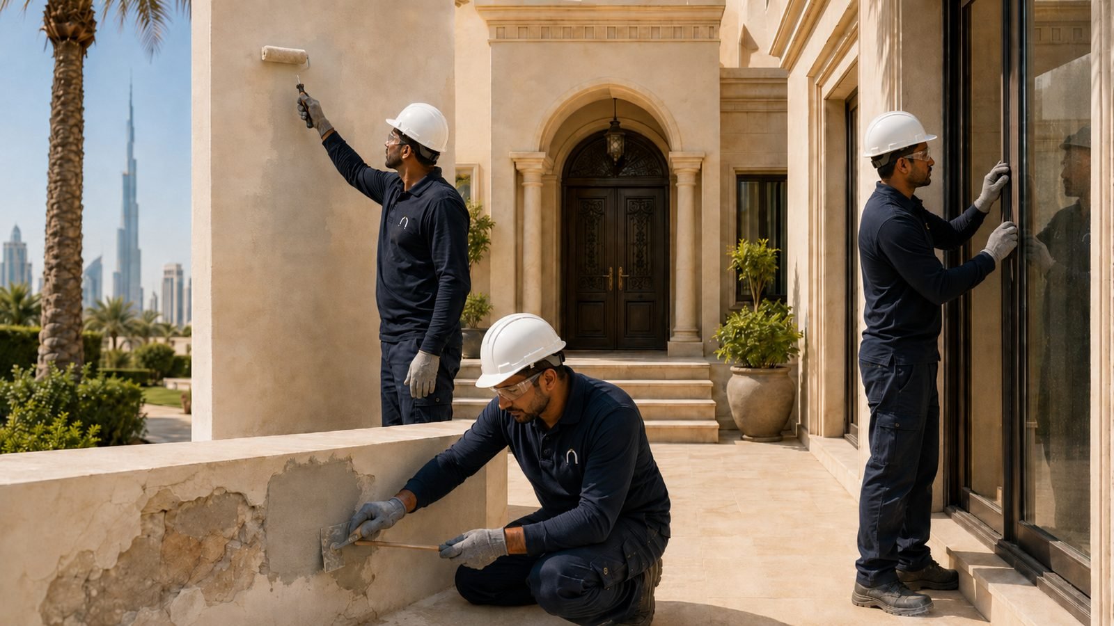 Best in Class maintenance technicians repairing and painting a Dubai villa